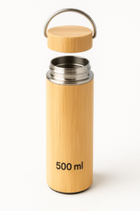 “Eco-friendly bamboo water bottle with stainless steel lid and handle, reusable and stylish design on a white background.”