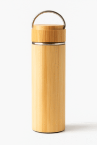 “Eco-friendly bamboo water bottle with stainless steel lid and handle, reusable and stylish design on a white background.”