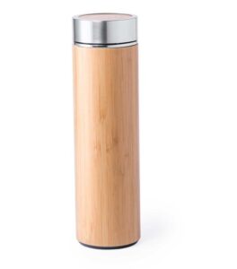 “Eco-friendly bamboo water bottle with stainless steel lid and handle, reusable and stylish design on white background.”
