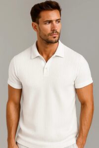 "Back view of a man wearing a white ribbed short-sleeve polo shirt with a folded cuff design."