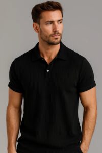 "Man wearing a black short-sleeve polo shirt with ribbed texture and buttoned collar."