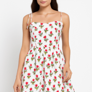 Front view: Woman wearing a sleeveless white floral print summer dress with a flared bottom and tie-up straps – Seebyy. Back view: Woman showcasing the open back and flared design of a white Seebyy floral dress.