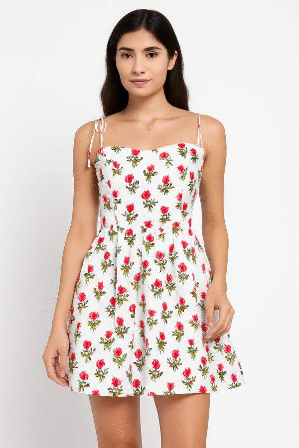 Front view: Woman wearing a sleeveless white floral print summer dress with a flared bottom and tie-up straps – Seebyy. Back view: Woman showcasing the open back and flared design of a white Seebyy floral dress.