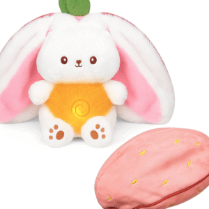 Cute 2-in-1 bunny plush toy with glowing belly and detachable strawberry pillow cover, soft stuffed animal for kids and gifts."