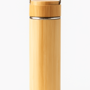 “Eco-friendly bamboo water bottle with stainless steel lid and handle, reusable and stylish design on a white background.”