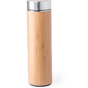 “Eco-friendly bamboo water bottle with stainless steel lid and handle, reusable and stylish design on white background.”
