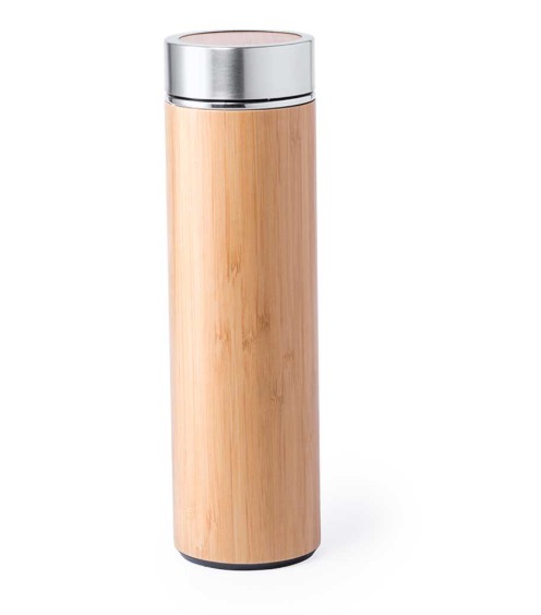 “Eco-friendly bamboo water bottle with stainless steel lid and handle, reusable and stylish design on white background.”