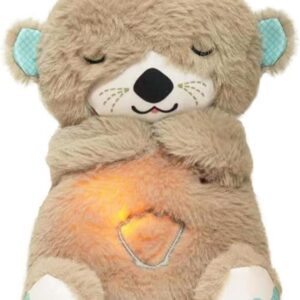 Cute brown plush toy with closed eyes, holding its arms across its body, featuring light-up belly and blue patterned ears and feet.