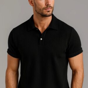 "Man wearing a black short-sleeve polo shirt with ribbed texture and buttoned collar."