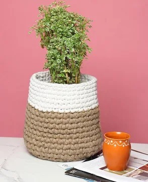 Beige‑White Jute Crochet Indoor Planter (Handmade)