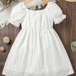 Girl's A-Line Knee Length Cotton Eyelet Embroide Dress with Puff Sleeves, Floral Pattern, and Square Neckline
